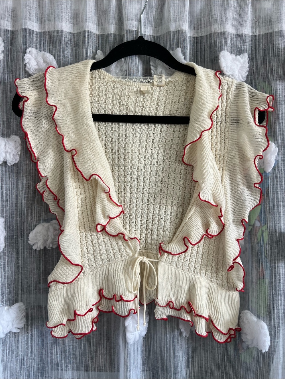 MOTH Cream Ruffle Knit Tie-Front Vest with Red Trim